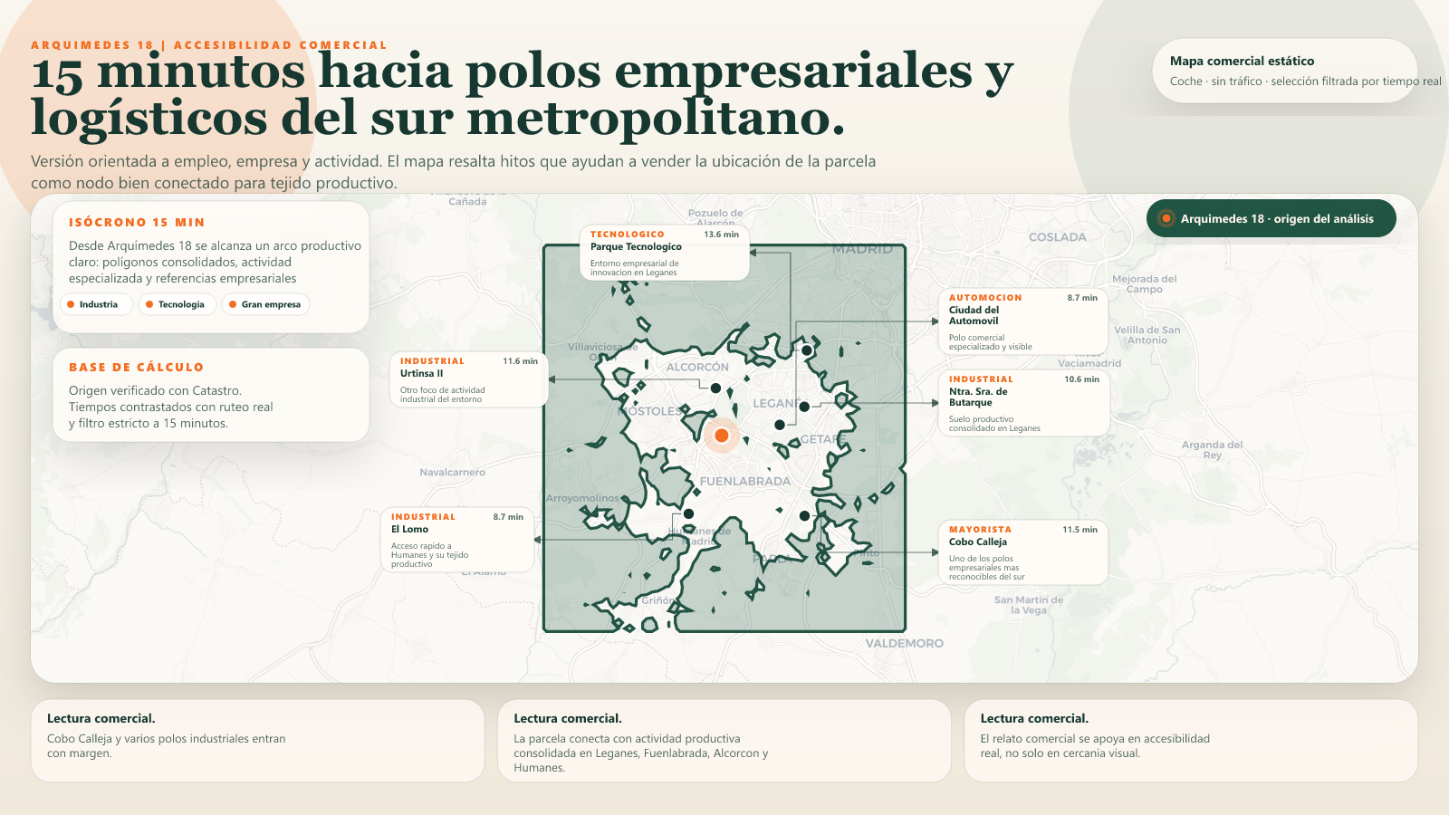 Isócrono 15 min · Actividad empresarial · Industria, Tecnología y Gran empresa · Calle Arquímedes 18, Leganés